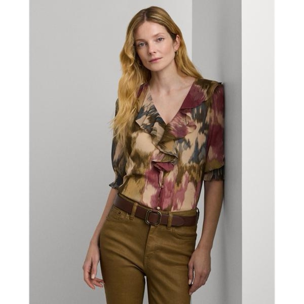 NWT Lauren Ralph Lauren Floral Georgette Ruffle-Trim Blouse Large